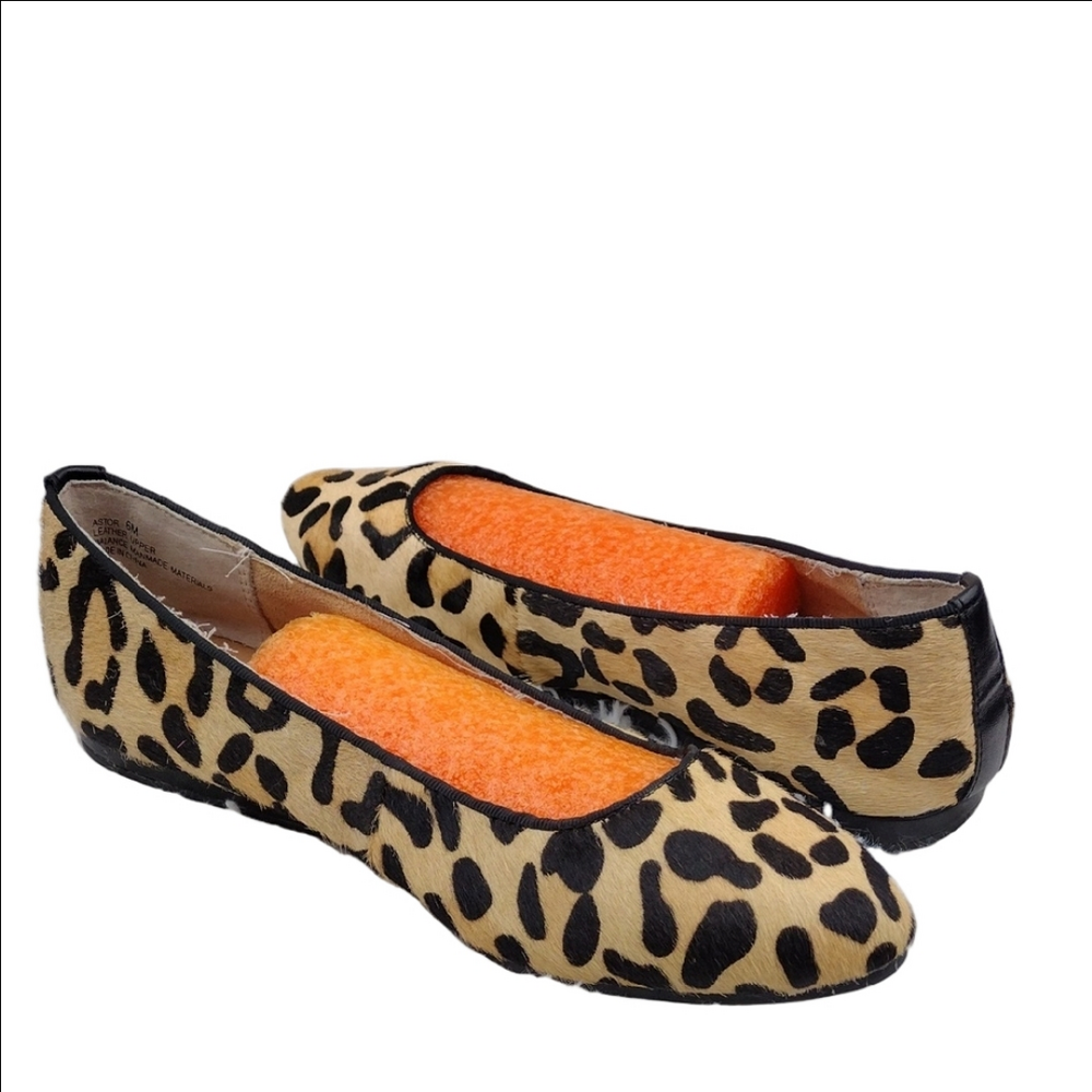 Kelly & Katie Astor Tan Leather Cow Hair Leopard Print Point Toe Slip On Flats